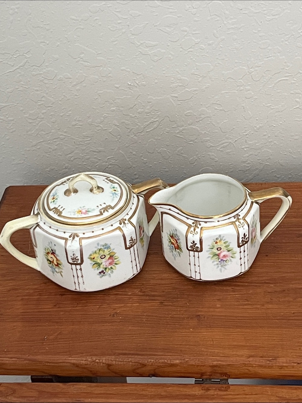 Vintage Nippon Moriage Hand-Painted Floral  Sugar & Creamer Set Gold Trim
